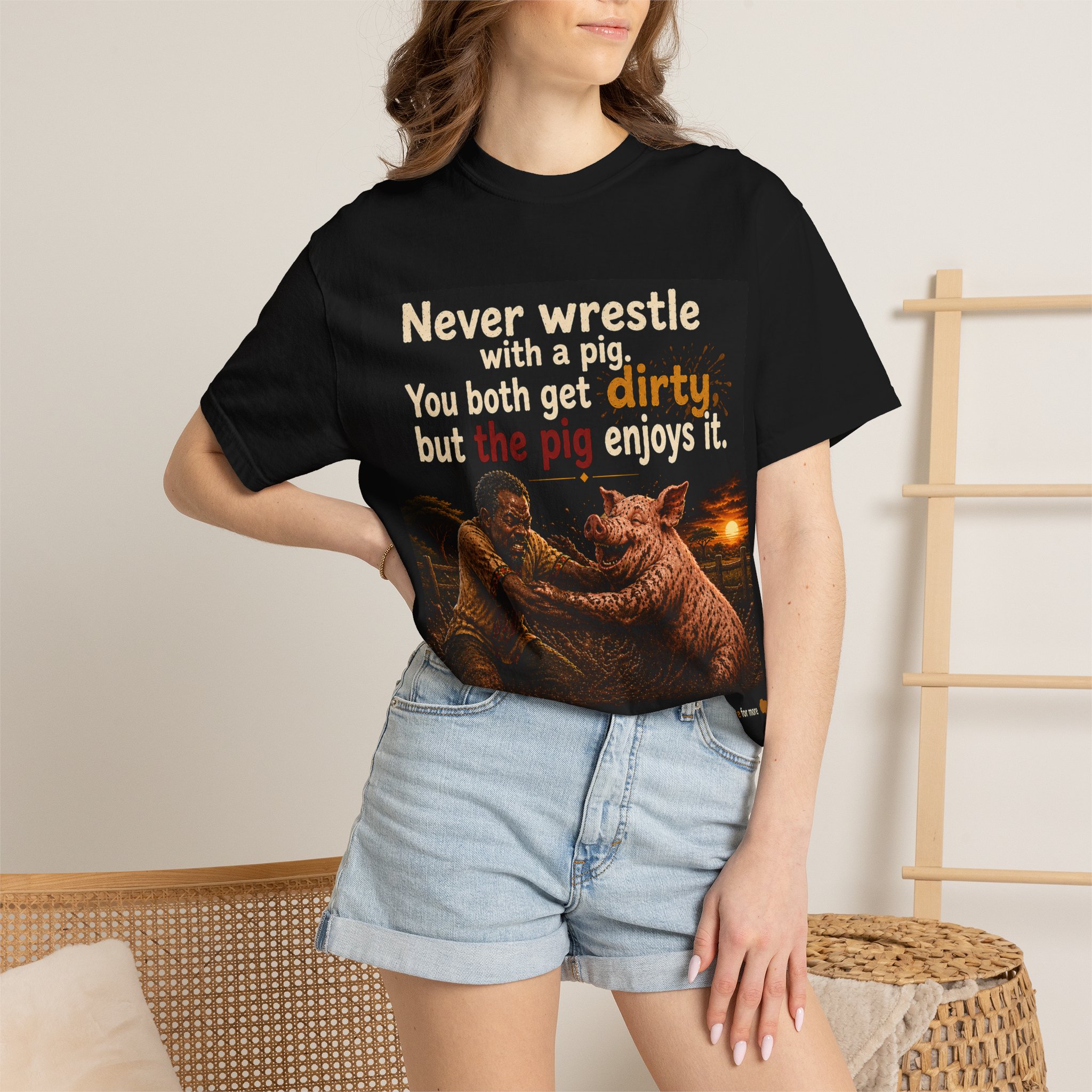 Never Wrestel a Pig_Unisex Garment-Dyed T-shirt Black - Image 8