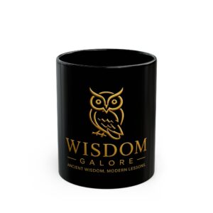 Gold Owl Wisdom Galore mug | Black ceramic coffee mug, inspirational quote
